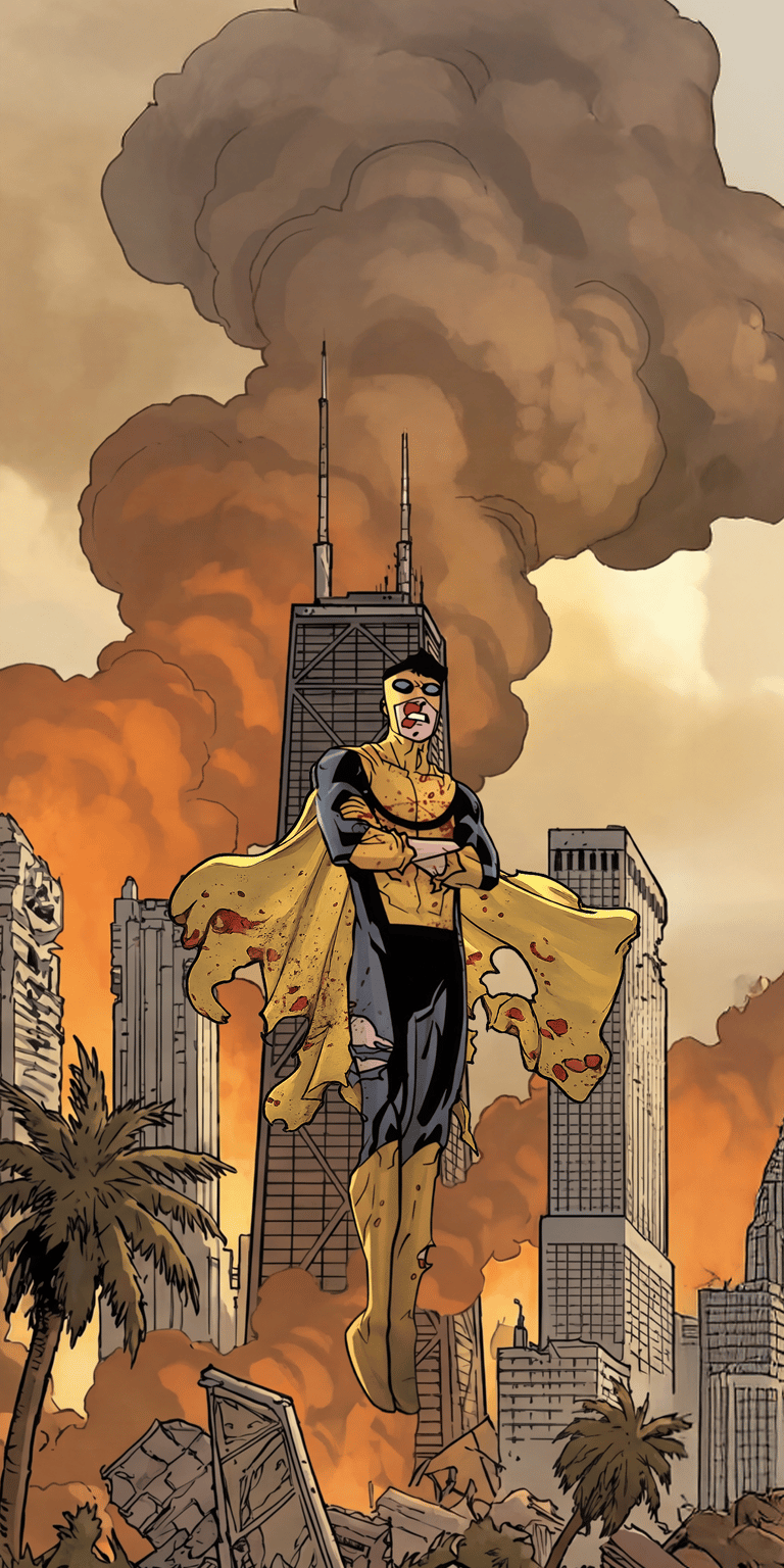 This battle-damaged Invincible wallpaper features Mark Grayson hovering over a destroyed city landscape for your iPhone. This high-quality 4K aesthetic wallpaper uses warm orange tones and gritty illustrative details to create a powerful, cinematic mood.