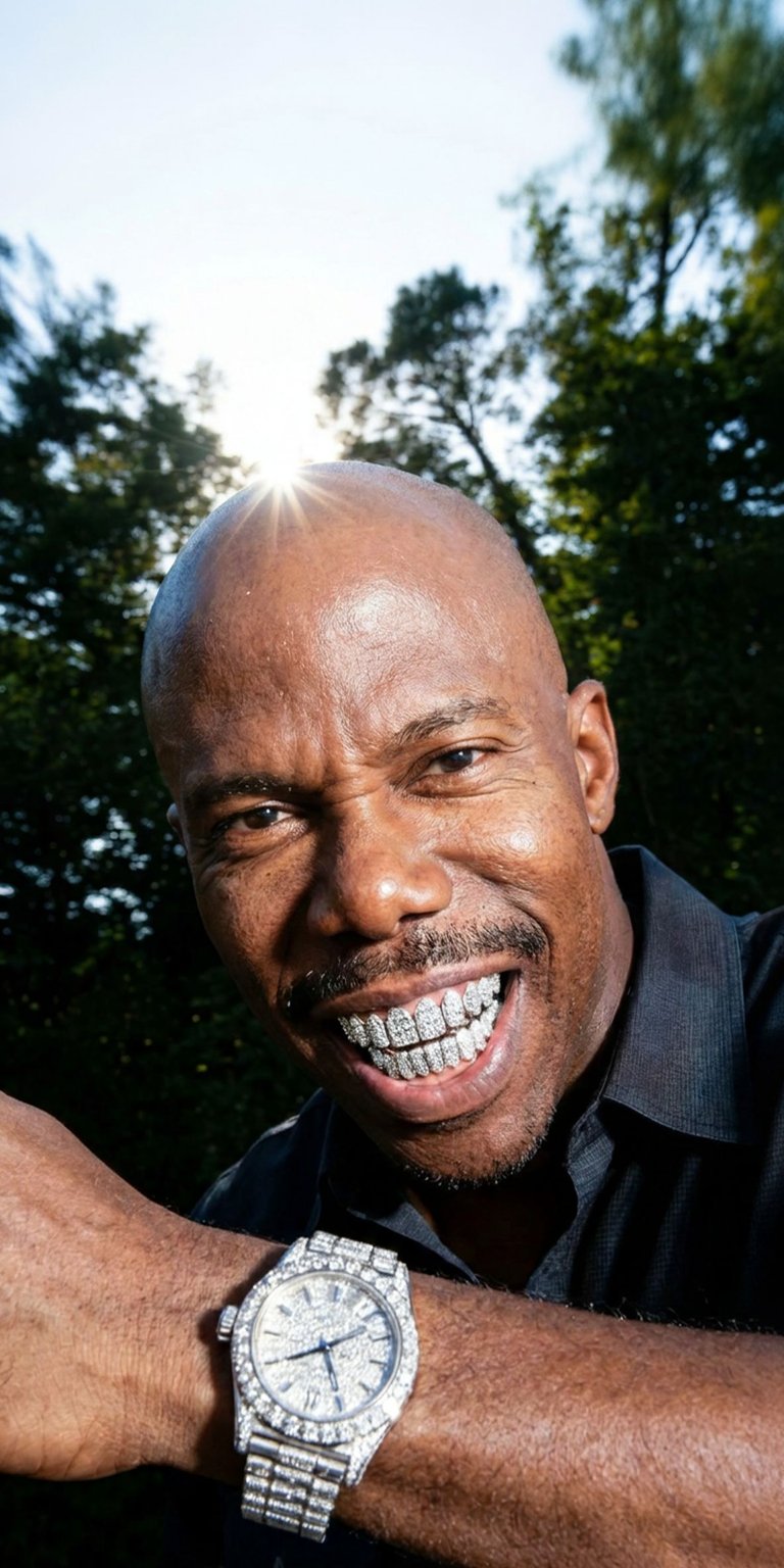 Download this Kirk Franklin 4K wallpaper for your iPhone, showcasing his diamond-studded teeth and matching watch. This vibrant wallpaper captures a close-up of the gospel artist against a backdrop of lush trees.