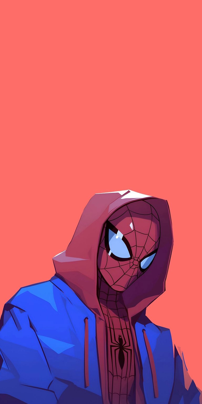 Enhance your iPhone with this striking Miles Morales 4K wallpaper. The artwork features a red-hooded Spider-Man against a salmon-colored background, displaying a digital clock at the top.