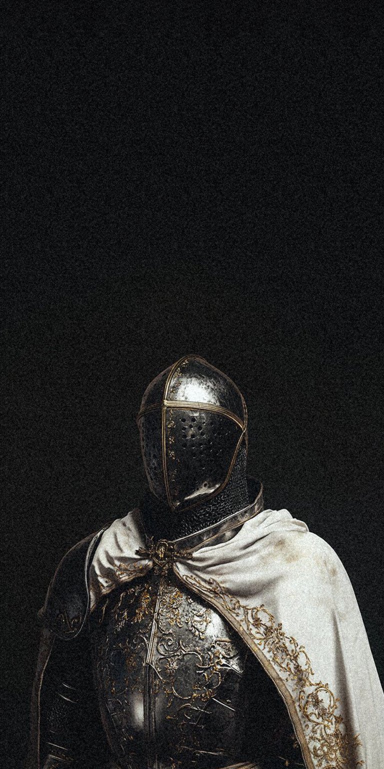 Download this striking Knight wallpaper for your iPhone in stunning 4K resolution. This wallpaper showcases a medieval knight in full plate armor with an ornate helmet and a white cape with gold trim.