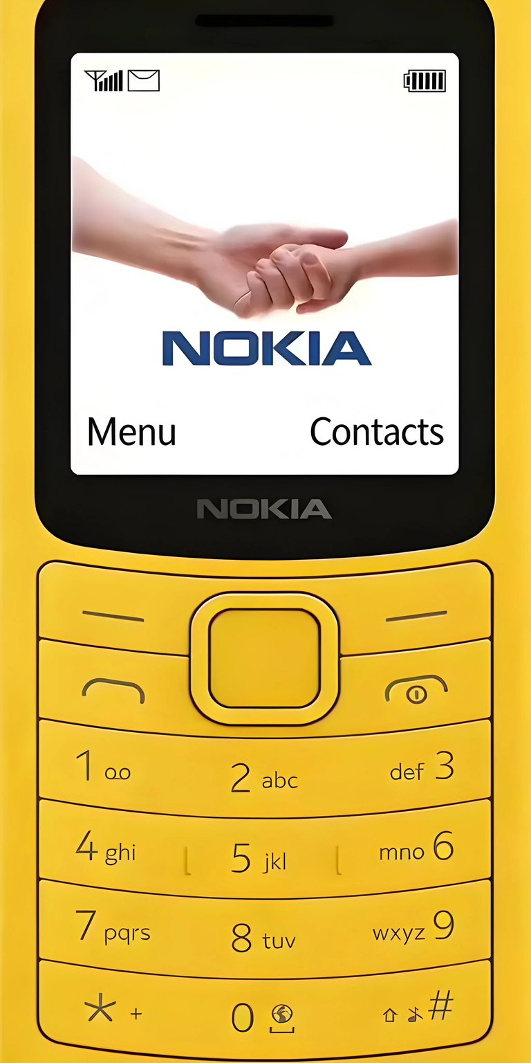 This high-resolution 4K wallpaper features a bright yellow Nokia classic phone, reminiscent of the popular color variants of the early 2000s. The screen displays the iconic 'Nokia' logo and a 'Contacts' menu, overlaid with an image of two hands shaking in agreement, symbolizing connection and communication. It offers a warm, retro, and aesthetic feel, perfect for fans of vintage tech and simple design.