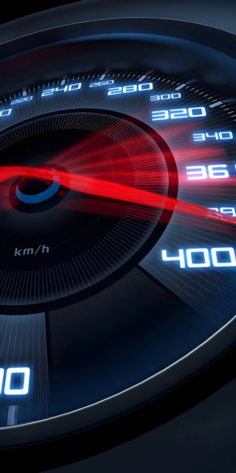 Get this speedometer 4K wallpaper for your iPhone, showing a bright red needle and a speed of 400 km/h. This car wallpaper features neon blue numbers.