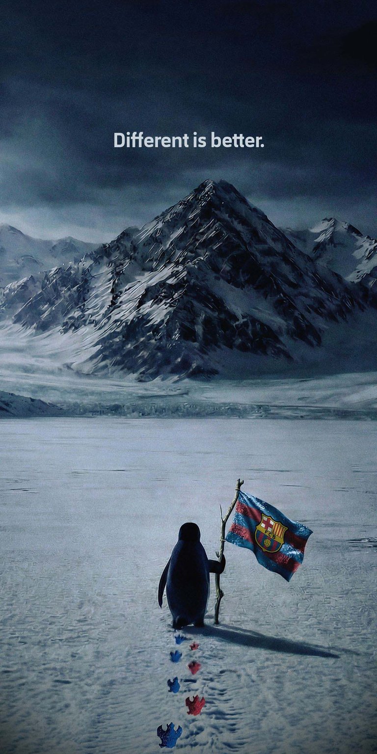 Show your colors with this unique FC Barcelona 4K wallpaper featuring a penguin holding the club flag against a cinematic snowy mountain peak. This mobile wallpaper blends crisp arctic textures with sports pride for a high-impact, atmospheric look.