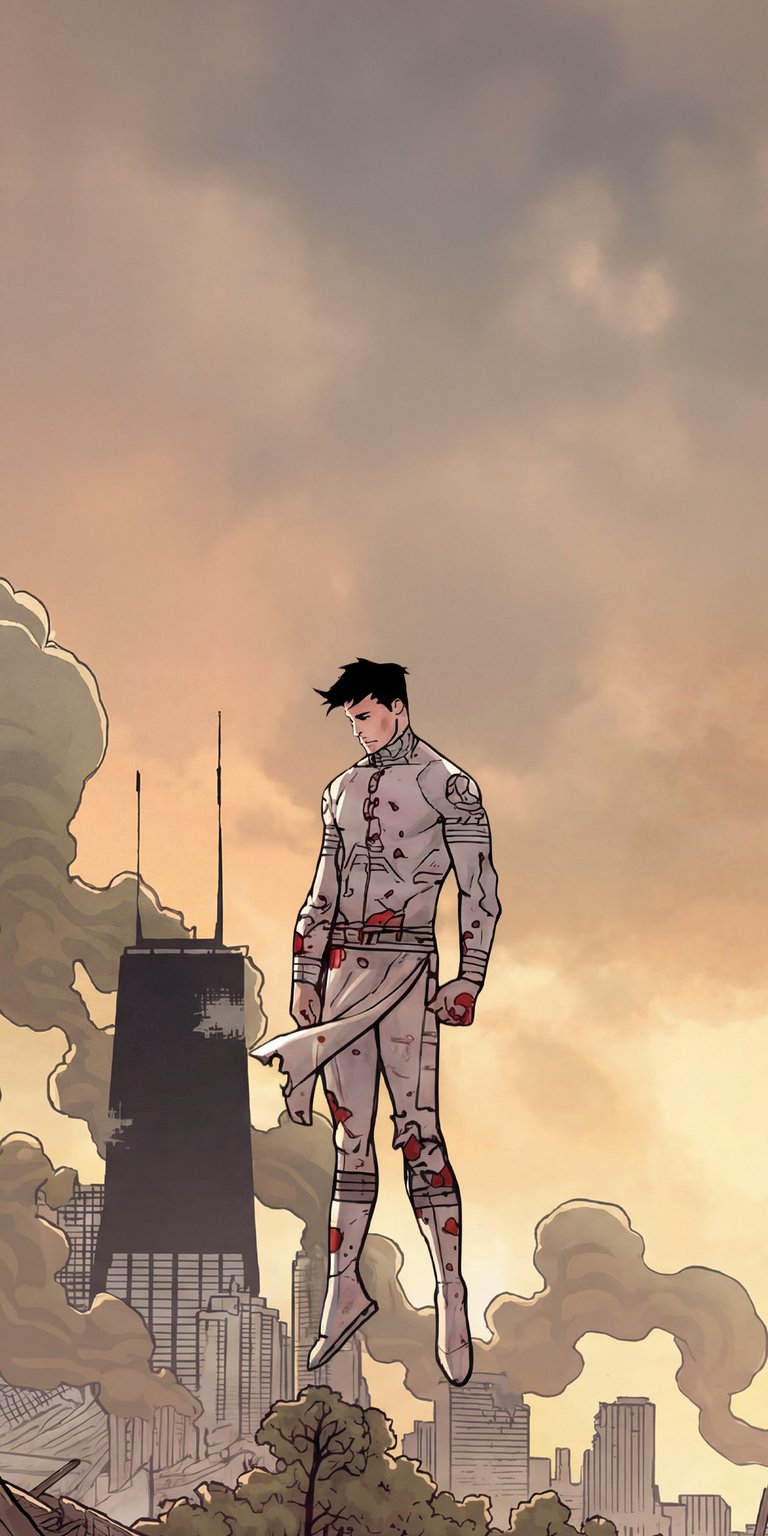 This Mark Grayson Invincible 4K wallpaper features the hero in a bloodstained white suit hovering over a destroyed city. Designed for iPhone, this aesthetic wallpaper captures a somber, cinematic mood with warm sunset lighting and detailed comic-style art.