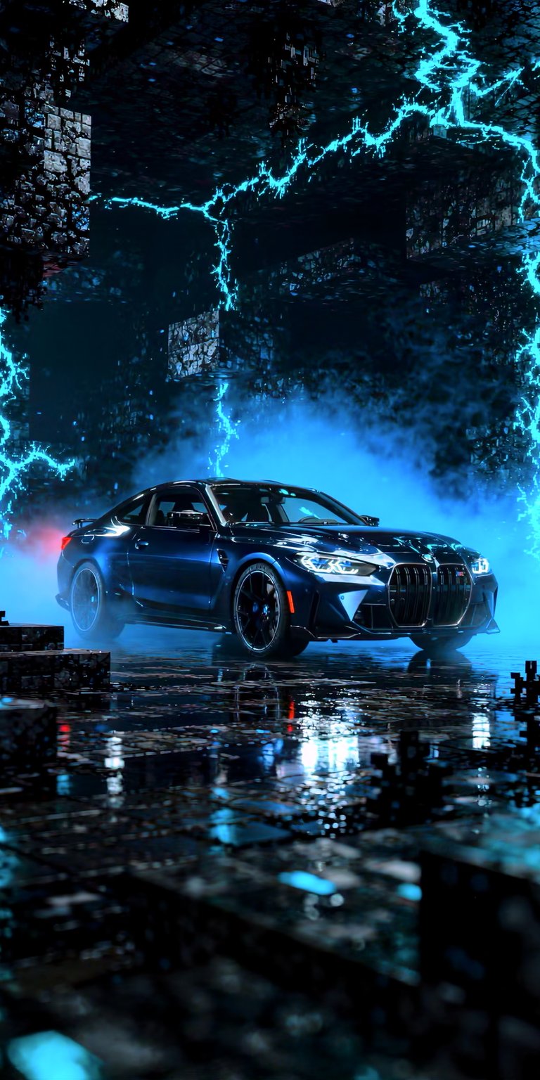 This striking wallpaper features a BMW M4 Competition (G82) engulfed in a storm of blue electric lightning. Set in a dark, wet Minecraft city environment, the rain-slicked blocky pavement reflects the neon blue bolts striking the background. It is an intense, high-energy image that highlights the "M" series' aggressive vertical grille and styling through a moody, electrified lens.