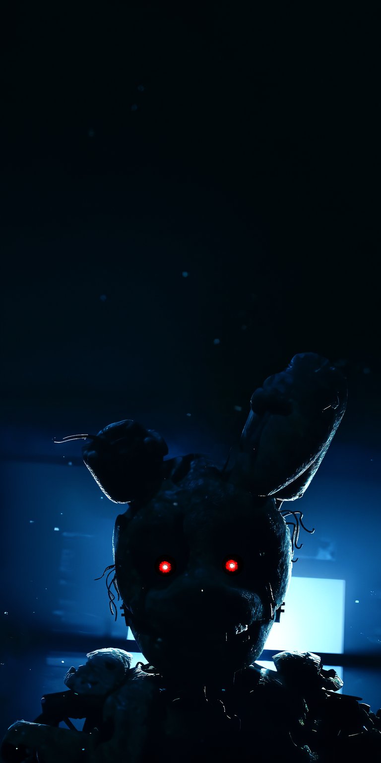 A super-dark, foreboding wallpaper centered on the terrifying Springtrap character from Five Nights at Freddy's. His shadowy form is broken only by the menacing, glowing red eyes that pierce the darkness. This captures the pure horror and psychological tension of the FNAF series, ideal for fans of Springtrap and gothic aesthetics.