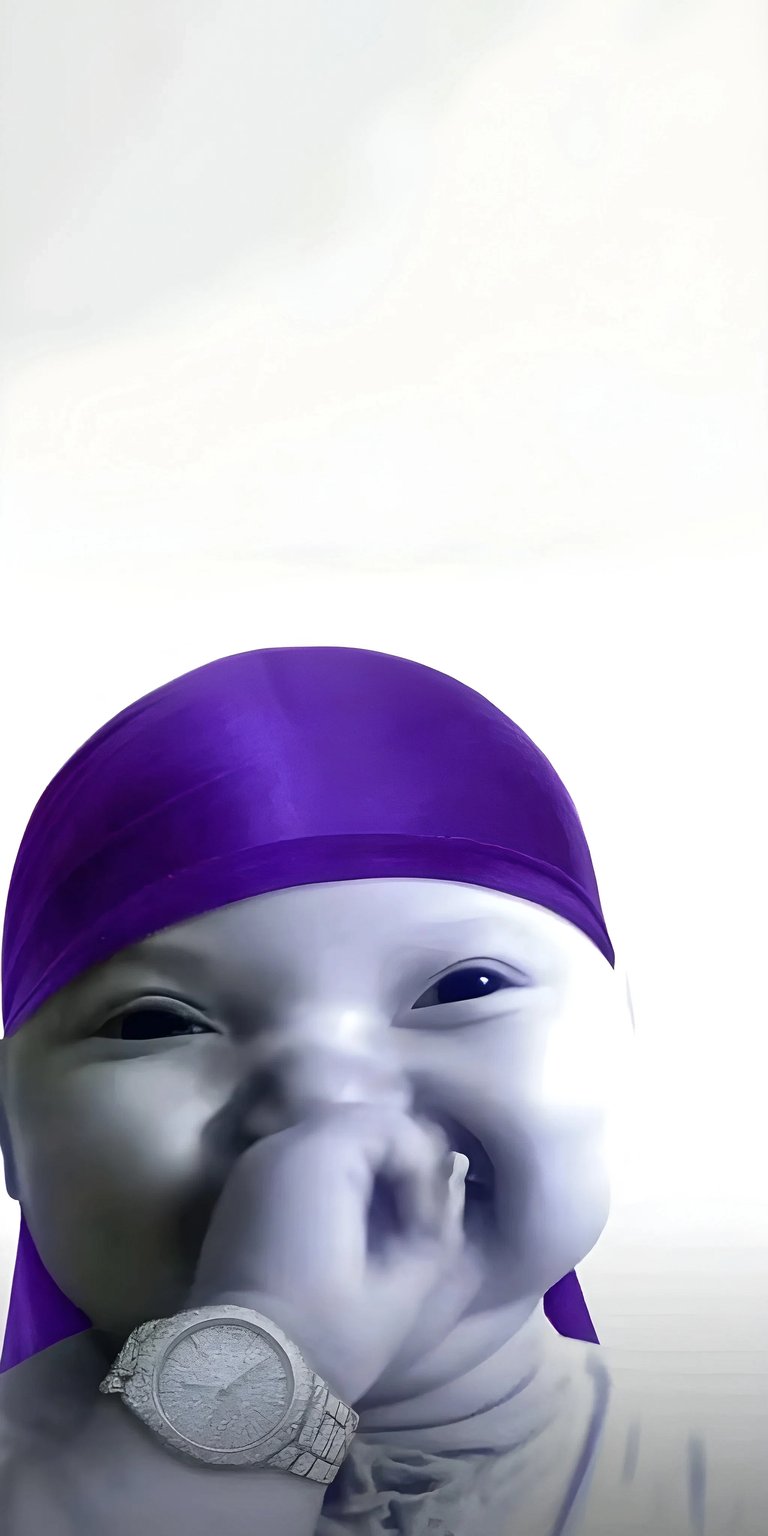 A hilarious and widely popular reaction image featuring a baby in a purple durag laughing mischievously while covering their mouth with their hand (and an oversized watch). Perfect for meme lovers, funny aesthetic themes, and users looking for a humorous, high-contrast home screen. Works beautifully on iPhone, Android, and AMOLED displays.