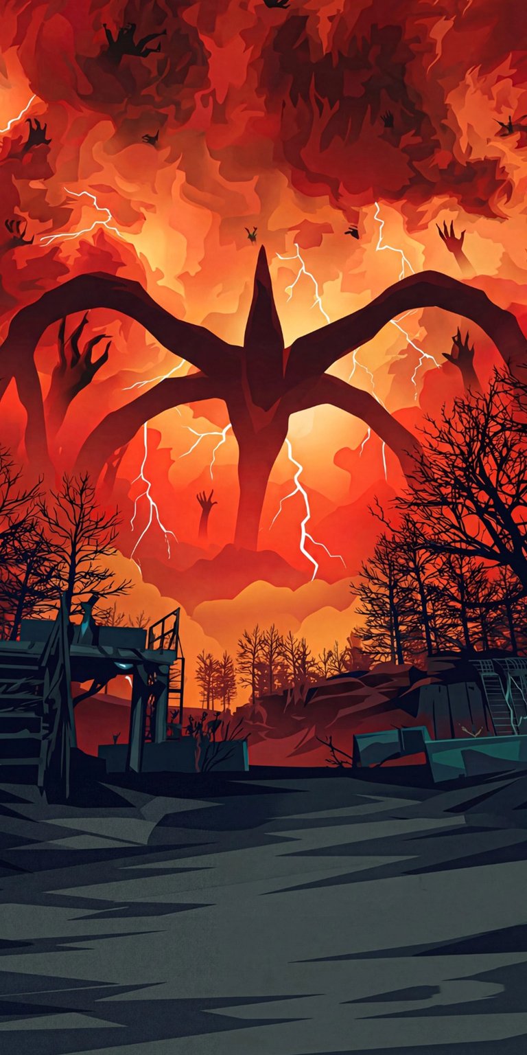 Download this awesome Mind Flayer 4K wallpaper for your iPhone, showcasing the menacing creature with its tentacle arms and a sky filled with lightning. This high-definition wallpaper also features shadowy, reaching hands amidst an eerie, fiery sky.