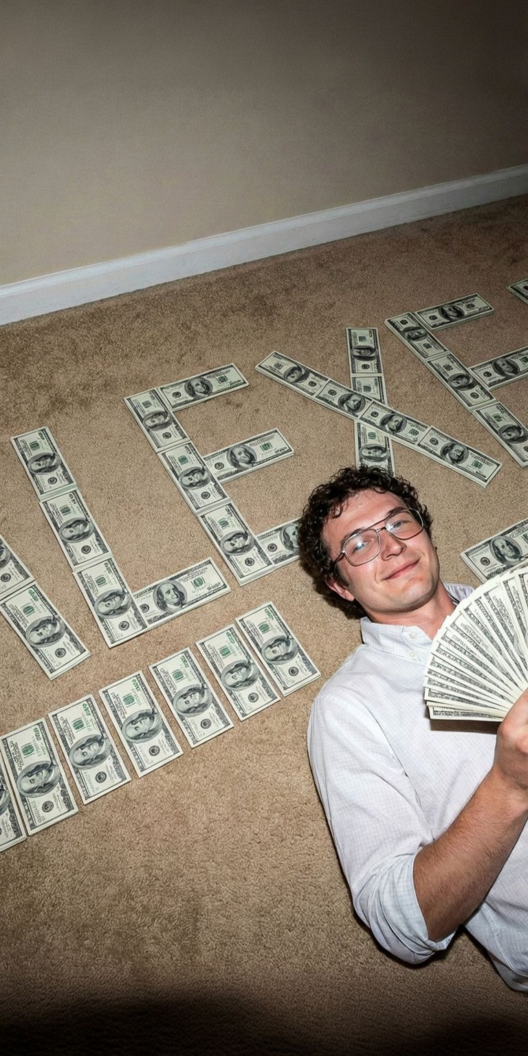 Download this Alex 4K wallpaper for your iPhone, showcasing a playful arrangement of hundred dollar bills spelling his name. The image captures him lying on the floor, fanning himself with even more cash.