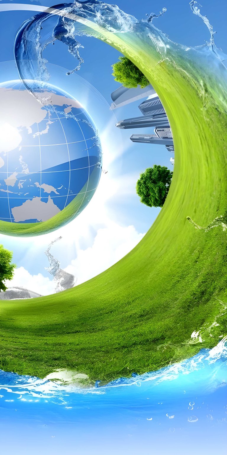 Download this stunning Earth Green 4K wallpaper, perfect for your iPhone, showcasing a blue Earth globe, verdant green landscape, and towering buildings. This unique wallpaper features a water arc and vibrant detail.