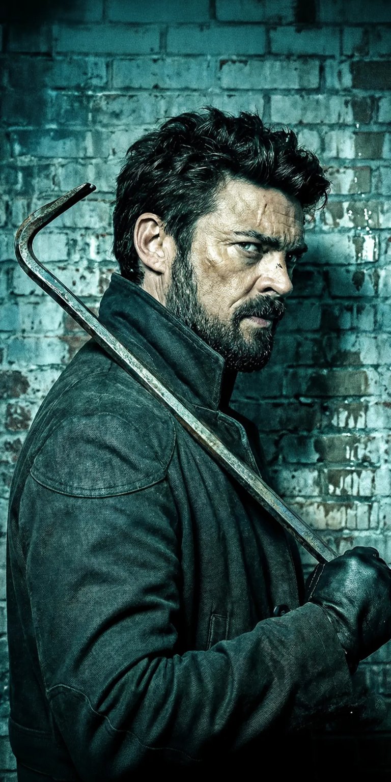 Download this intense Billy Butcher 4K wallpaper for your iPhone, featuring a weathered face with fresh cuts and a menacing crowbar. This wallpaper showcases a gritty blue brick background and Butcher's dark leather gloves.