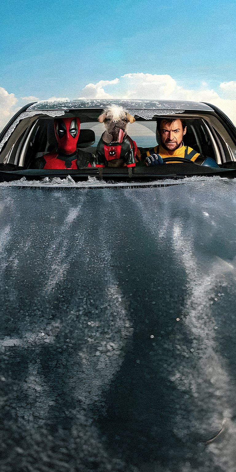 Deadpool, Dogpool and Wolverine in a car wallpaper 4k