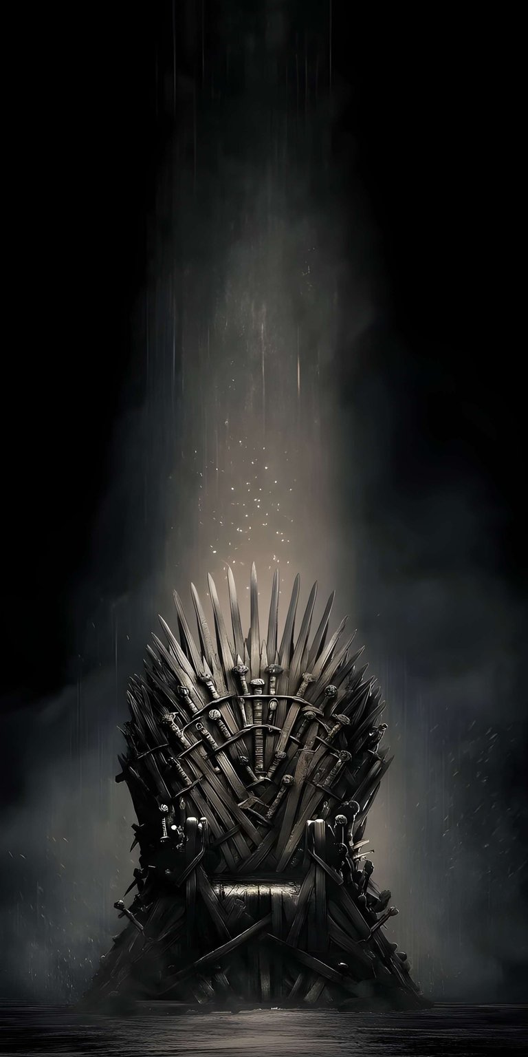 Download this Iron Throne 4K wallpaper for your iPhone, showcasing the formidable seat forged from countless swords. The dramatic lighting and the presence of rain enhance the intensity of this stunning wallpaper.