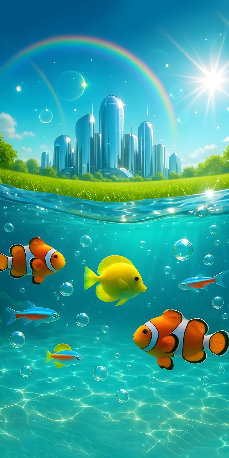 Download this stunning fish wallpaper in 4K for your iPhone, showcasing a bright yellow fish, orange and white clownfish, and a futuristic city skyline. This serene wallpaper features a vibrant rainbow arching over the city and crystal-clear bubbles in the water.