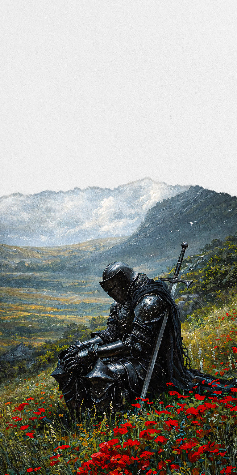 This 4K wallpaper showcases a black-armored knight seated on a rocky outcrop, overlooking a vast, misty mountain valley filled with wildflowers. The art style evokes a sense of epic scale and solitude, reminiscent of open-world RPG exploration. The cool, atmospheric lighting and detailed landscape make it a perfect choice for those who love high-fantasy adventuring themes.