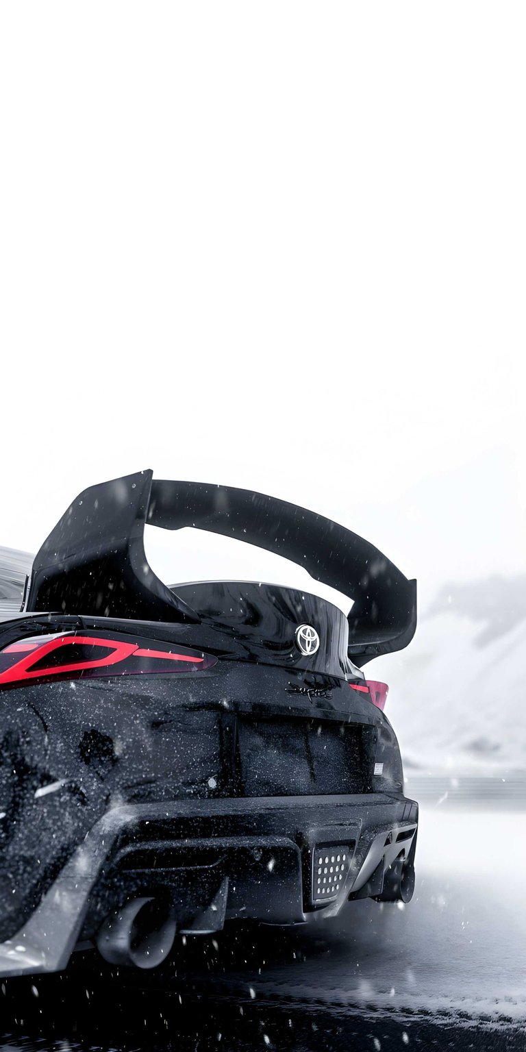 This 4K wallpaper features the rear profile of a Toyota GR Supra parked in a snowy, high-contrast environment. It is a cinematic aesthetic wallpaper for iPhone with a monochrome palette and sharp red taillight accents.