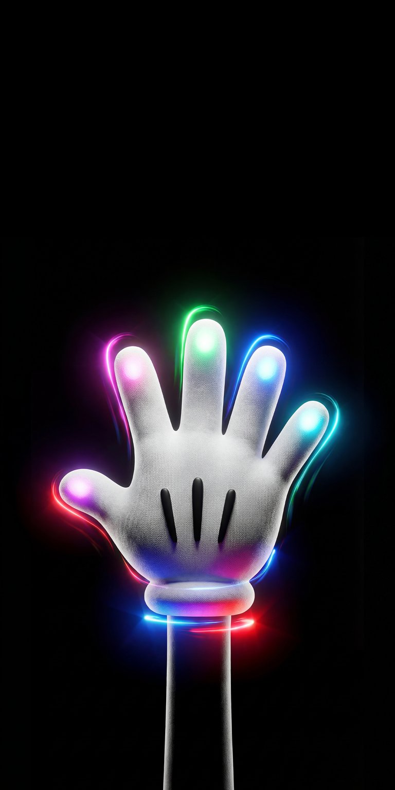 Download this high-quality Mickey Mouse hand 4K wallpaper for your iPhone, featuring neon lights glowing around the fingers and wrist. This stunning wallpaper showcases a classic cartoon hand in a modern, vibrant style with a sleek black background.