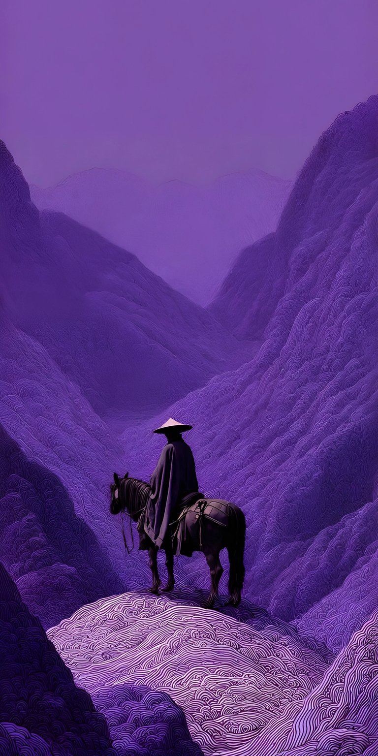 Download this stunning wanderer 4K wallpaper for your iPhone! This gorgeous wallpaper features a figure in a cloak with a straw hat atop a horse amidst rolling purple mountains.