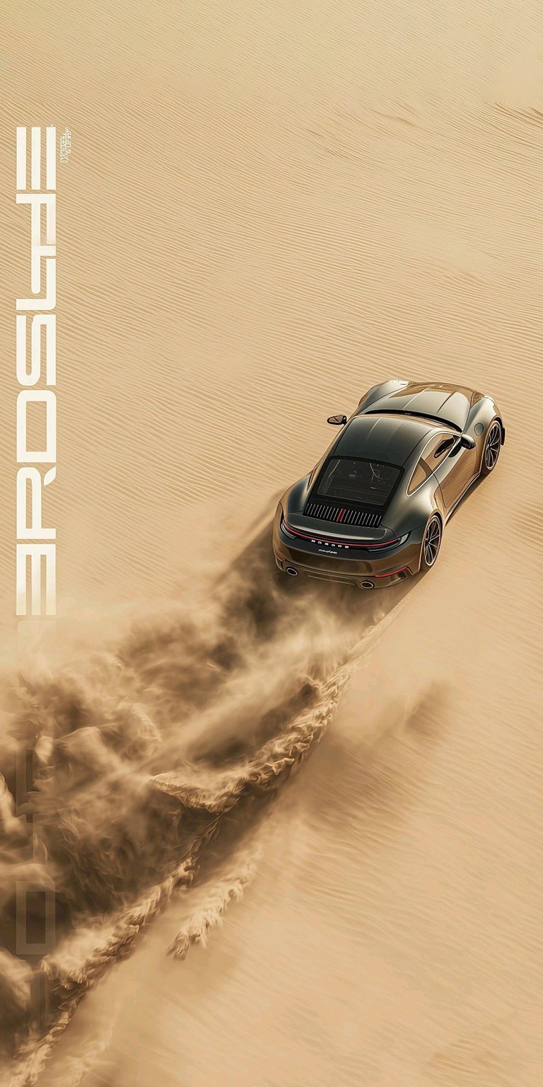 Download this incredible Porsche 4K wallpaper for your iPhone, featuring the car kicking up sand in a vast desert. The dark gray Porsche and the golden sand create a striking visual.