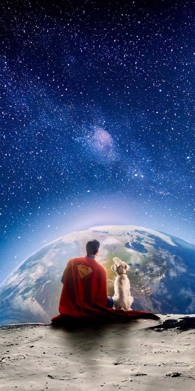 Superman in outer space sitting with a dog wallpaper in 4k