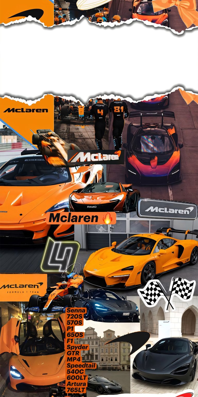Celebrate automotive excellence with this 4K wallpaper featuring a dynamic collage of McLaren 720s supercars in signature papaya orange. This high-energy iPhone wallpaper showcases racing flags, sleek aerodynamic curves, and the adrenaline of the motorsport world.