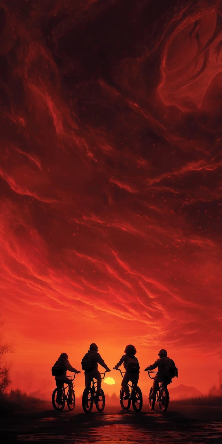 Download this captivating Stranger Things wallpaper in stunning 4K for your iPhone, featuring the silhouette of the kids on bikes against a fiery red sky. This wallpaper highlights the show's signature eerie atmosphere and a distant sun.