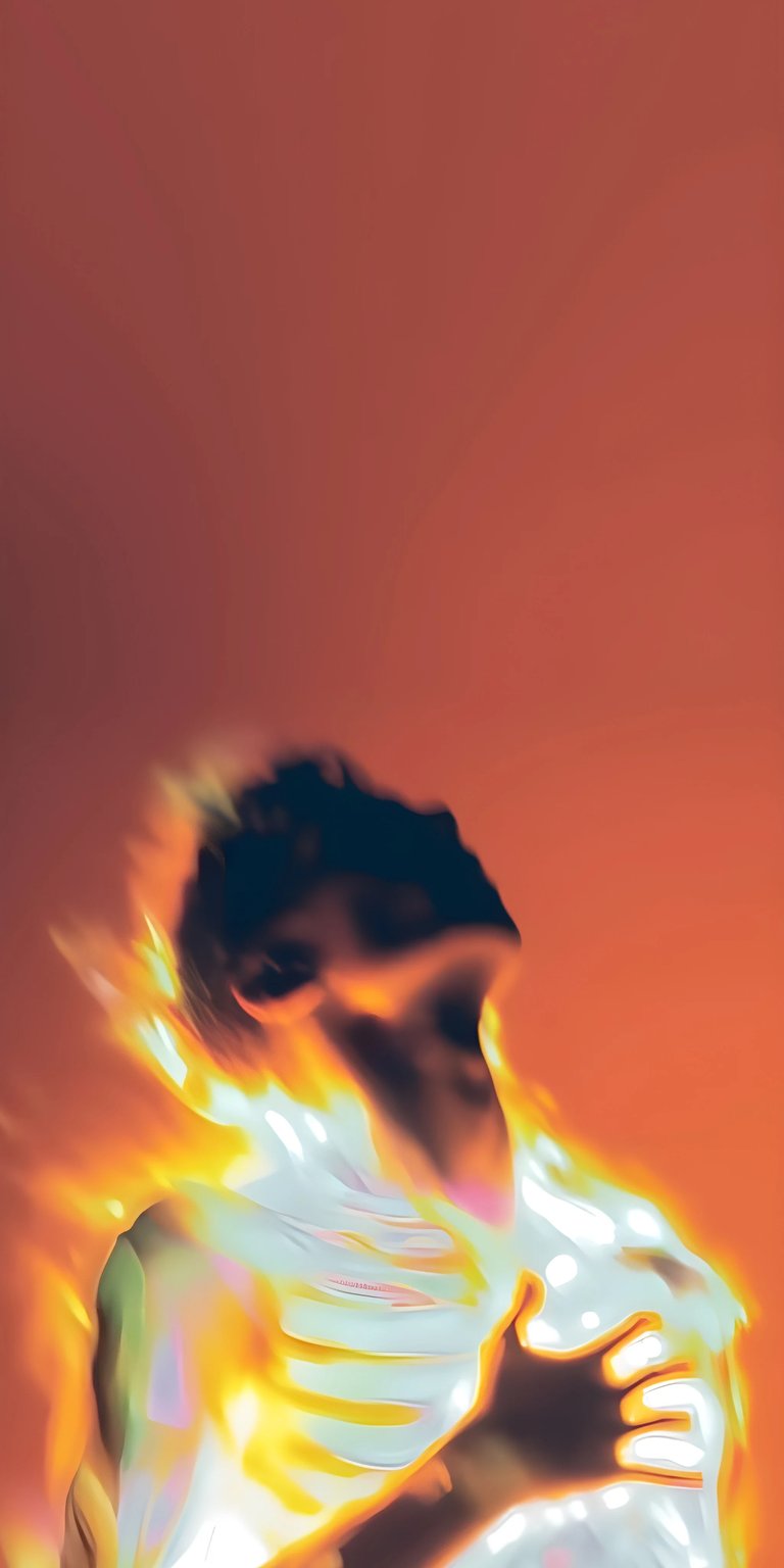 Download this artistic 4K wallpaper for your iPhone. This stunning wallpaper features a figure engulfed in flame-like light with a hand raised, set against a gradient red background.
