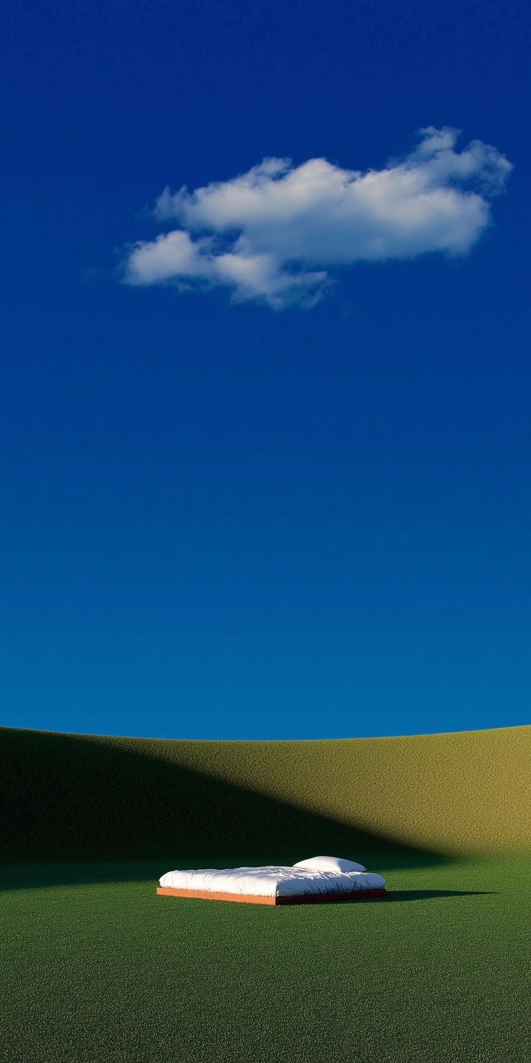 Transform your iPhone with this surreal Dreamscape wallpaper in 4K resolution. This wallpaper features a bed on a lawn, a blue sky, and a fluffy cloud.