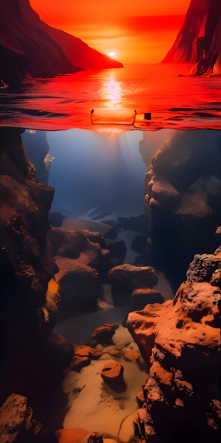 Experience the beauty of the Red Sea with this stunning 4K wallpaper, perfect for your iPhone. Observe the glowing, orange-red sky reflecting on the still water above, and see the bright sunbeams pierce the dark depths, illuminating the rocky underwater landscape.