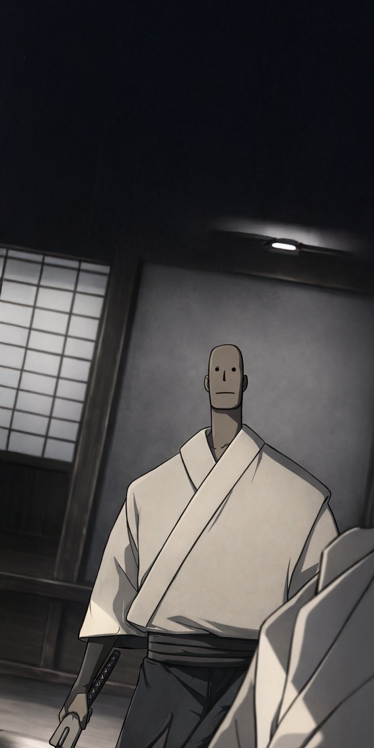 Kaname Tōsen anime wallpaper styled as an aesthetic wallpapers design for iPhone, focused on a calm yet ominous illustrated scene. This wallpaper features muted grayscale colors, soft interior lighting, and a quiet, tense atmosphere with strong depth.