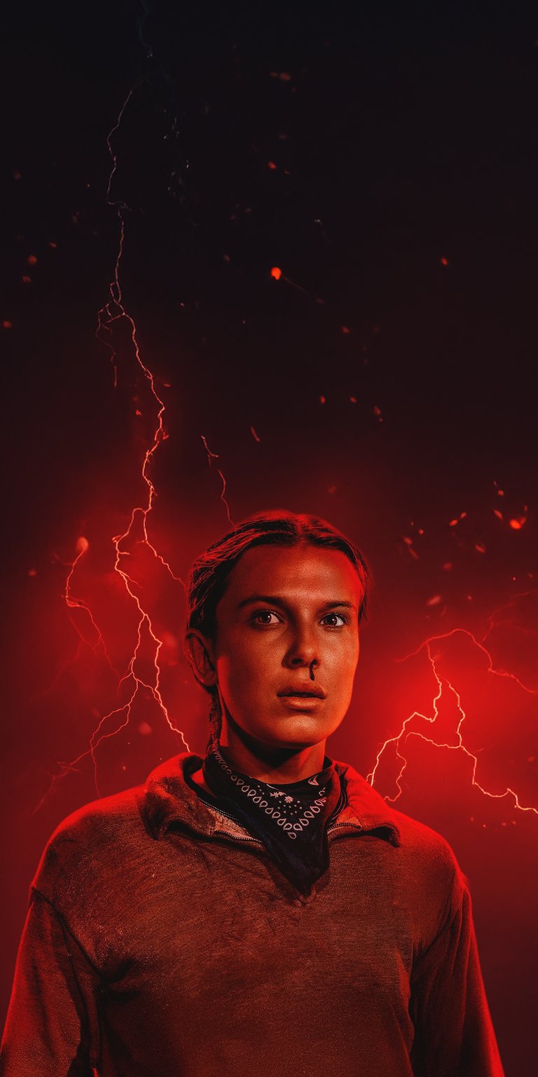 Download this striking Millie Bobby Brown 4K wallpaper for your iPhone. This wallpaper features lightning strikes in the background and a detailed view of Millie's bandana and nosebleed.