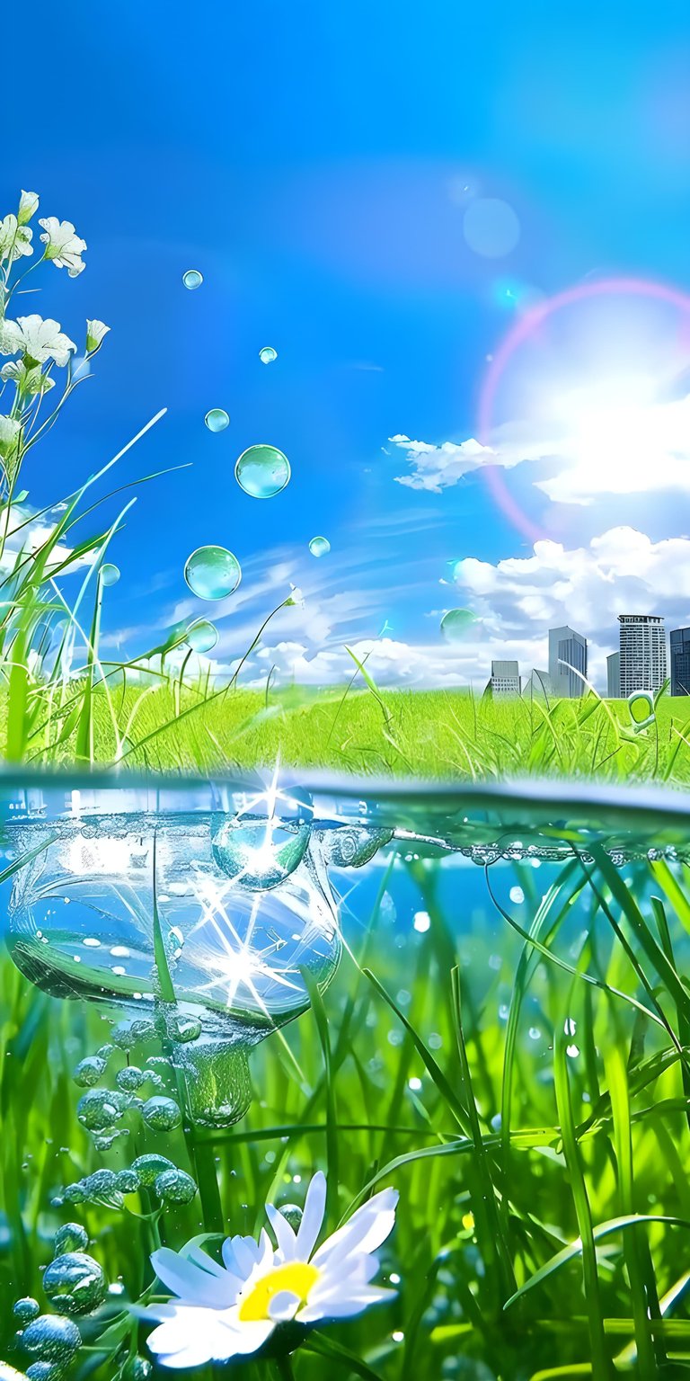 This stunning 4K wallpaper for iPhone features a vibrant meadow with water droplets, daisy and a bright blue sky. Perfect as a wallpaper, this image offers a refreshing view of nature's beauty.