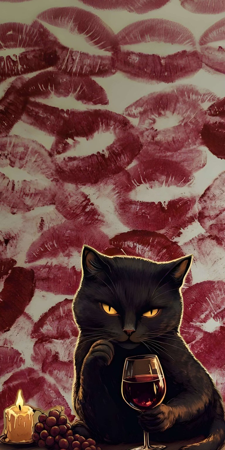 Download this fantastic black cat wallpaper for your iPhone, showcasing an ominous feline holding a glass of wine. The 4K wallpaper also features a background of lipstick prints and a flickering candle.