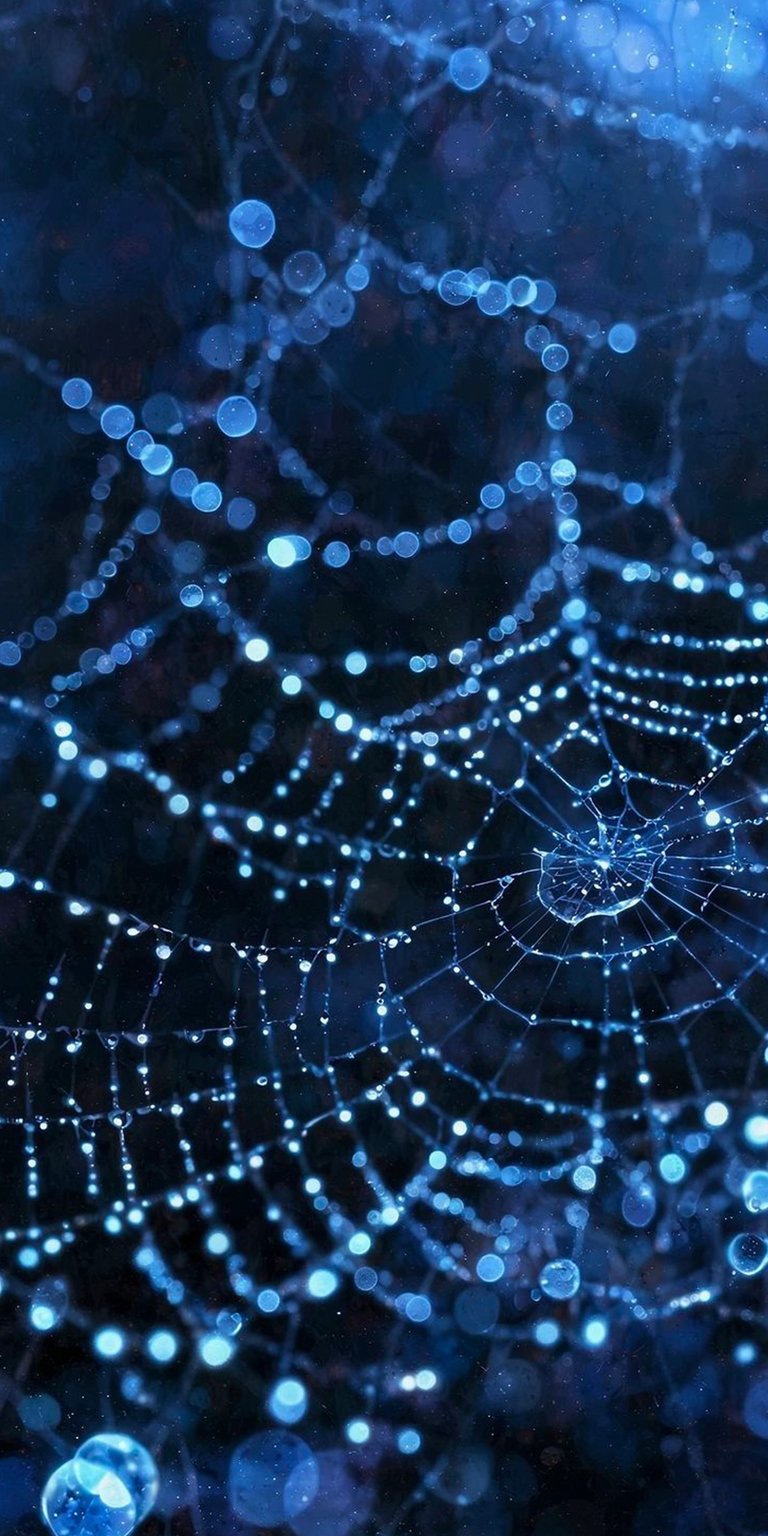 Mesmerizing spiderweb 4K wallpaper, perfect for your iPhone.  This beautiful wallpaper features striking blue dewdrops illuminated on a delicate web, creating a captivating and ethereal ambiance.