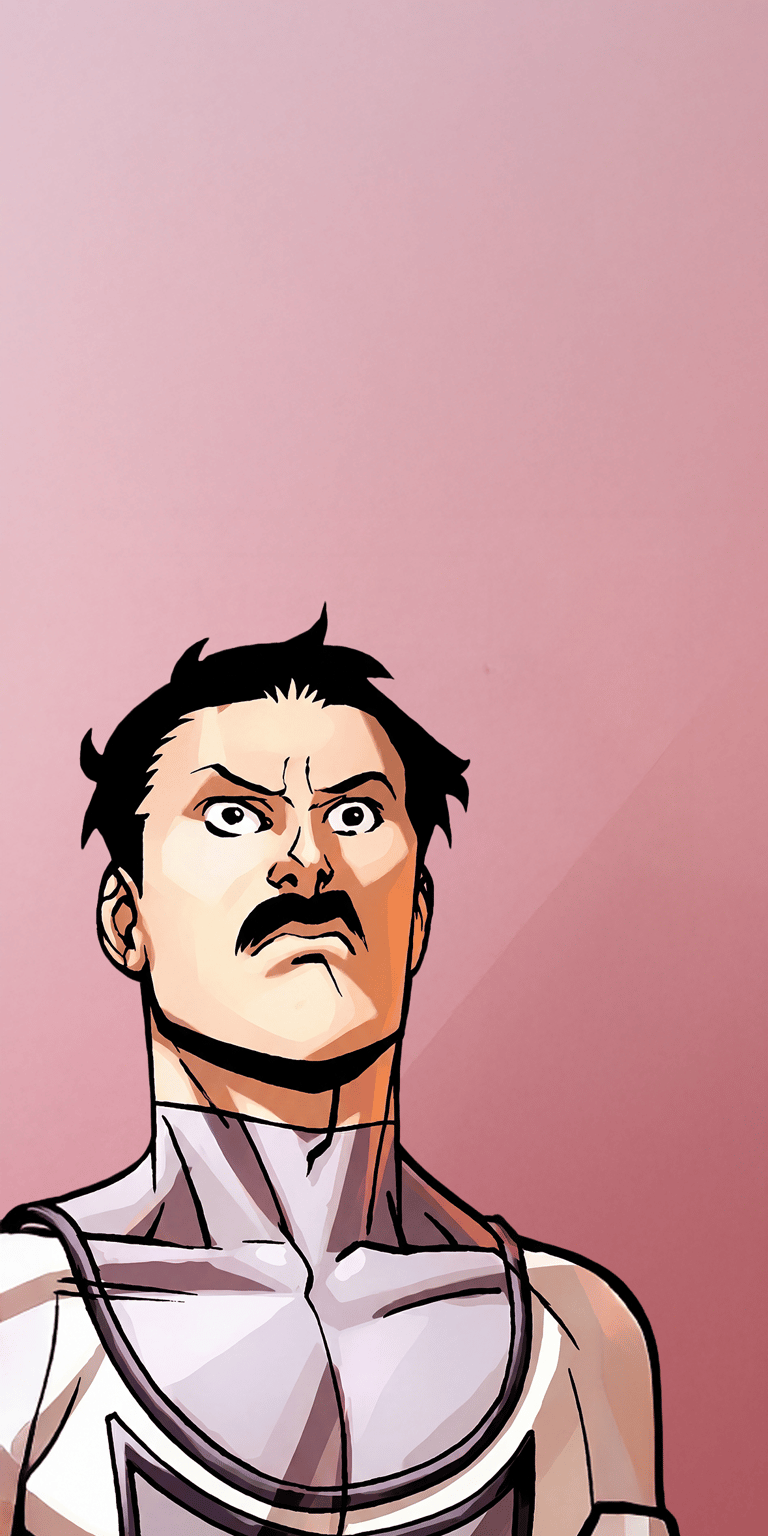 Omni-Man portrait wallpaper presented as an aesthetic wallpapers style wallpaper for iPhone, focused on a dramatic illustrated close-up. This wallpaper features warm skin tones, soft gradient lighting, and a tense, commanding mood with clean depth.