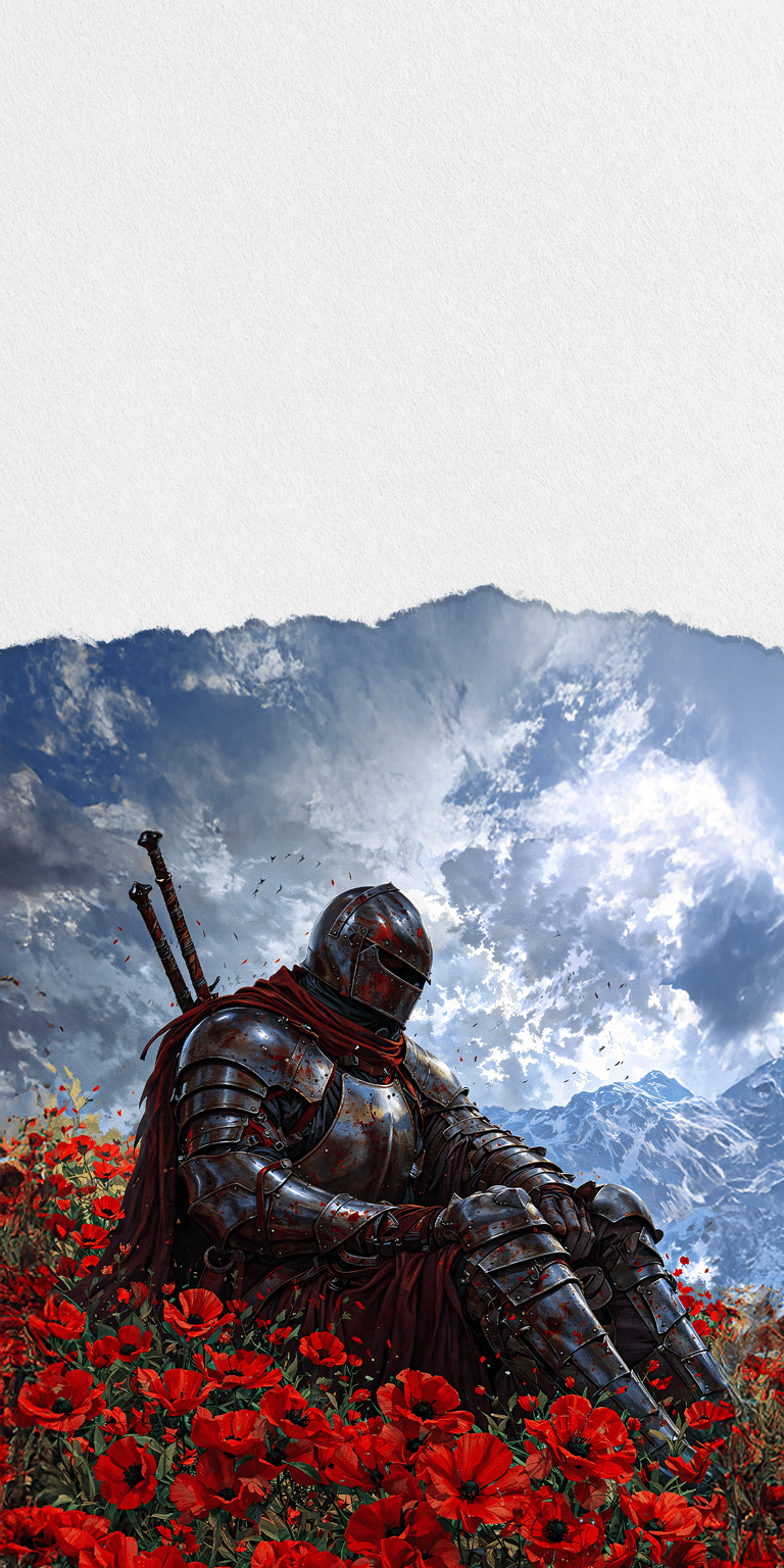 A striking 4K wallpaper depicting a weary knight resting amidst a vast field of red poppies under a dramatic, clouded sky. The intricate detail on the fluted plate armor and the twin greatswords on his back suggest a story of a long journey or a post-battle moment of reflection. The high contrast between the red flowers and the cool blue sky creates a powerful visual impact.