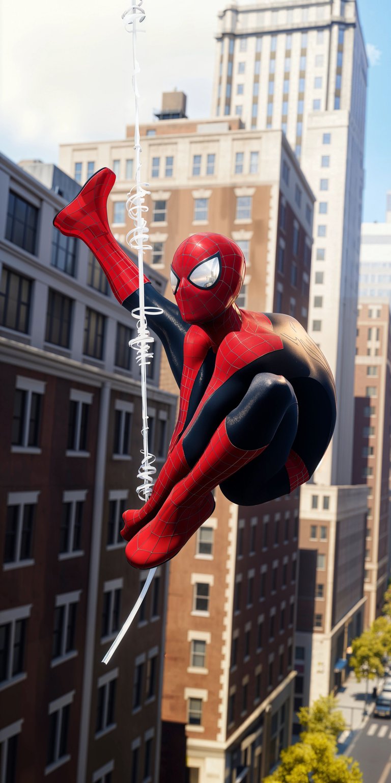 Get this Spiderman 4K wallpaper for your iPhone, featuring the iconic hero suspended mid-air by a thin web against a backdrop of brick buildings. This vibrant wallpaper captures the red and black suit, the reflective white eyes of the mask, and the dynamic city scene.