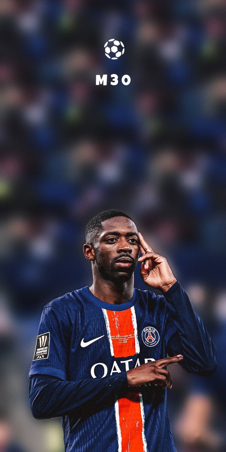 Ousmane Dembélé action wallpaper presented as an aesthetic wallpapers style wallpaper for iPhone, focused on a cinematic sports moment. This wallpaper features rich navy tones, stadium lighting, and a confident, intense match-day mood.