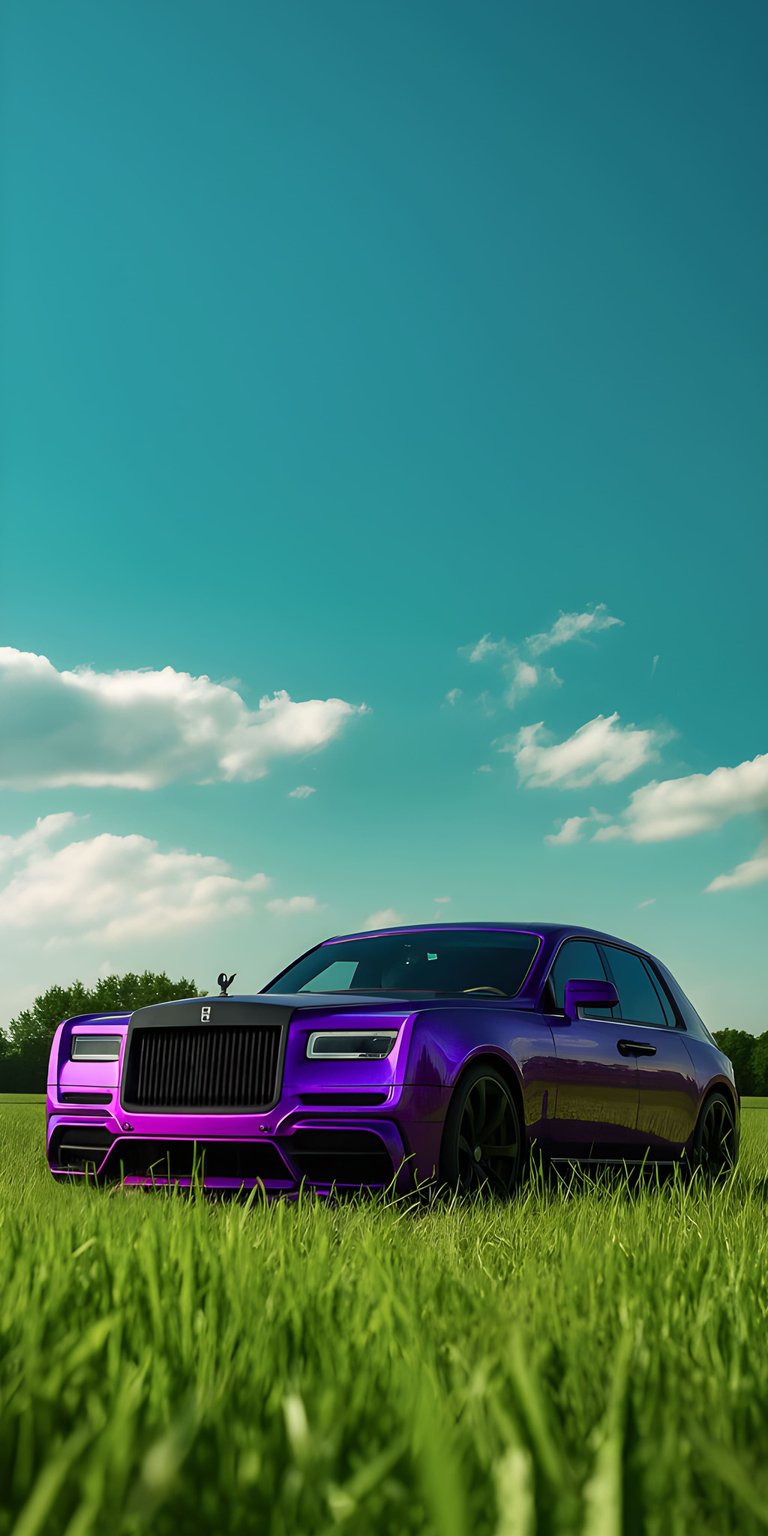 A luxurious purple Rolls Royce wallpaper set against a bright green field and blue sky. This vibrant car wallpaper brings a premium look to your iPhone.