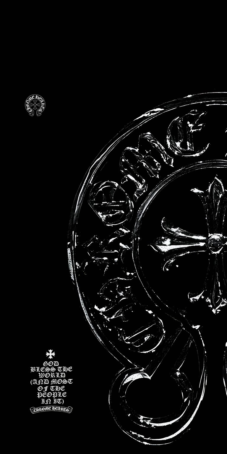 This iPhone wallpaper showcases a detailed Chrome Hearts cross design in striking 4K resolution. The intricate metalwork and embossed text provide a dark and luxurious aesthetic for your mobile wallpaper.