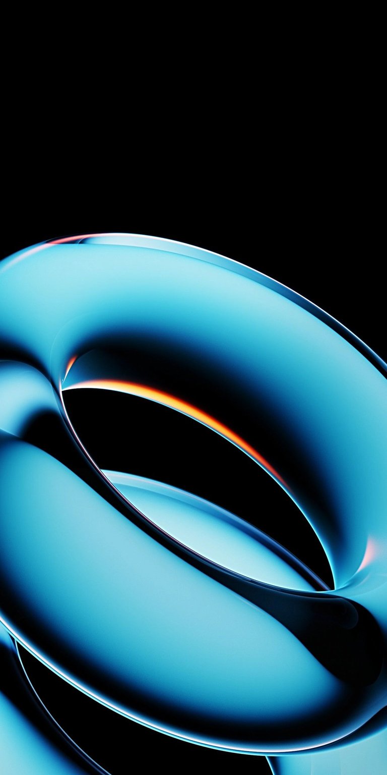 Download this stunning abstract wallpaper in 4K for your iPhone, showcasing a luminous, looped shape against a deep black backdrop. The glossy blue surface reflects an inner orange glow.