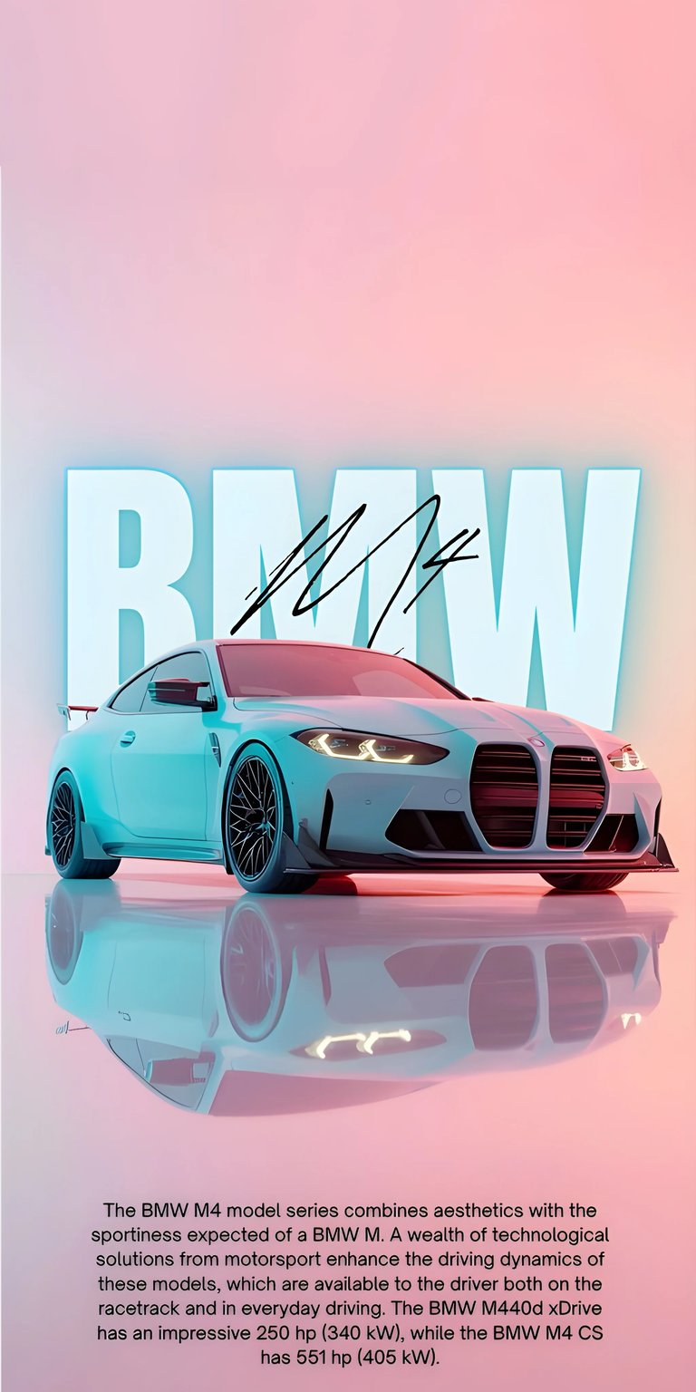 A stylish graphic edit of the BMW M4 Competition (G82) featuring a vibrant Arctic Blue paint job and "BMW" typography in the background. This wallpaper combines high-performance automotive photography with a clean, magazine-style layout, showcasing the bold kidney grille and sharp M-Performance lines.