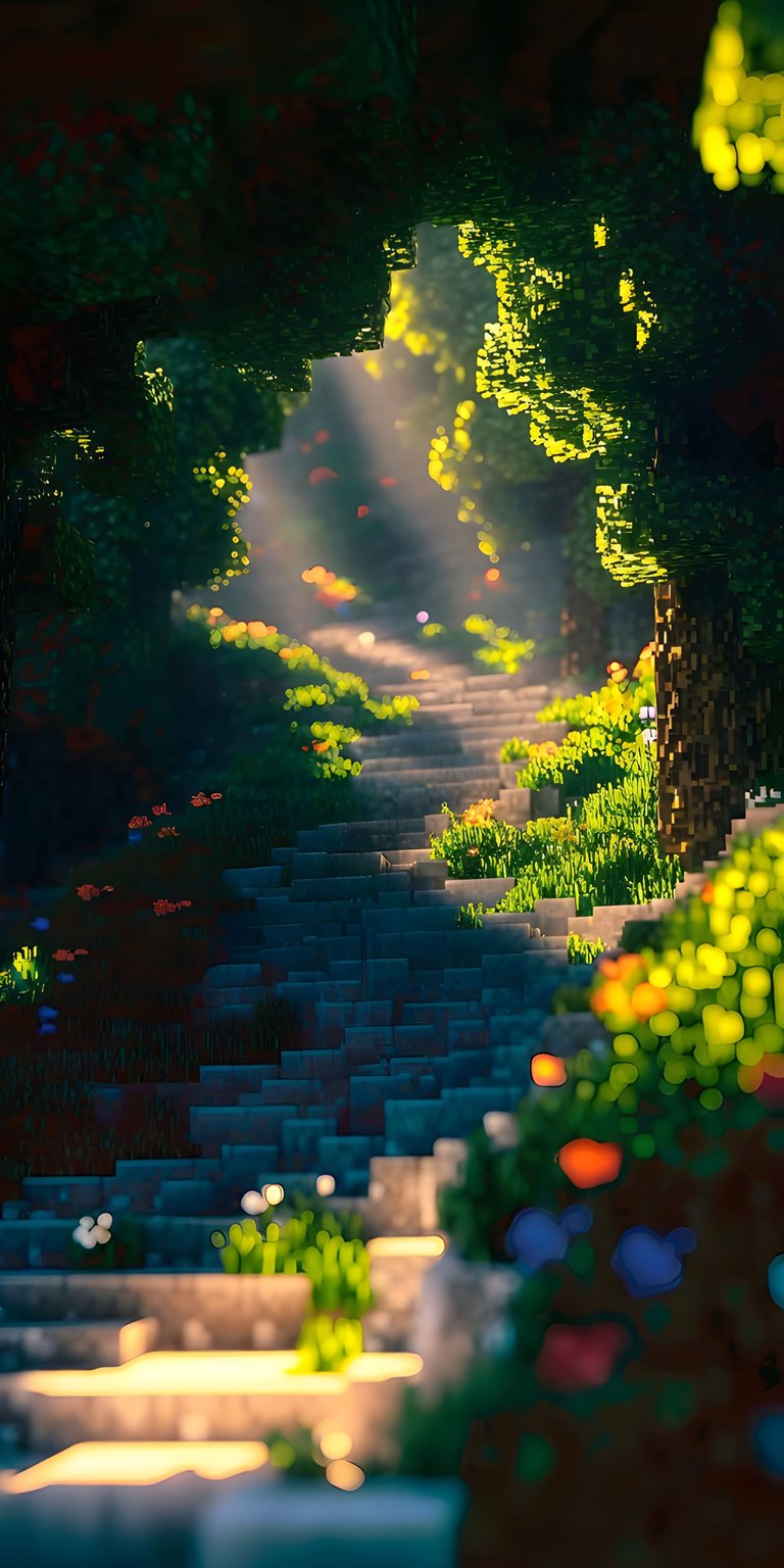 Download this scenic Minecraft path wallpaper in 4K for your iPhone today!  Notice the flower details and the ray-traced lighting on the stone steps, all surrounded by lush trees.