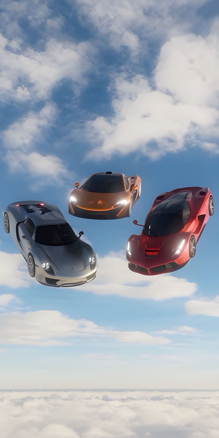 Download this stunning Cars 4K wallpaper for your iPhone, showcasing a silver sports car with racing stripes, a bright orange McLaren, and a sleek red Ferrari against a backdrop of fluffy clouds. This wallpaper will bring a touch of luxury and speed to your device.