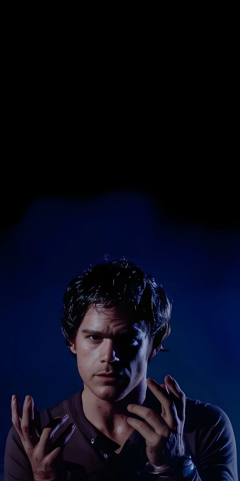 Elevate your iPhone with this Dexter 4K wallpaper, showcasing the complex character under a dramatic blue light with hands raised. This striking wallpaper captures Dexter's intense gaze and the watch on his wrist, perfect for any fan.