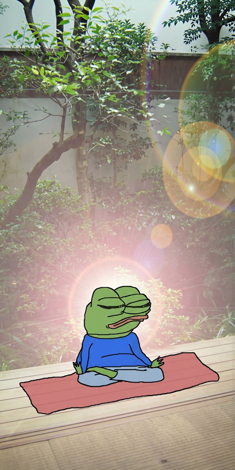 Download this meditating Pepe the frog 4K wallpaper for your iPhone, featuring a lush garden backdrop and vibrant lens flares. This unique wallpaper showcases Pepe in a blue shirt, sitting cross-legged on a red mat, perfect for adding a touch of zen to your mobile device.