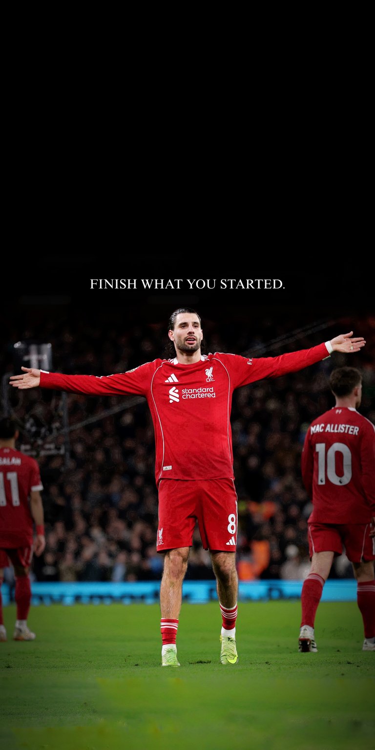 This high-contrast 4K wallpaper features Dominik Szoboszlai in his Liverpool kit against a deep black background. Perfect for an iPhone OLED screen, this OLED / AMOLED wallpaper highlights the vibrant red jersey and includes the motivational text "Finish what you started."