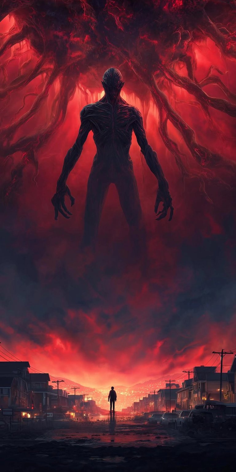 Download this Vecna 4K wallpaper for your iPhone, showcasing the monster looming over a desolate town bathed in a red sky. The intricate root-like structures above Vecna and the lone figure in the street make this wallpaper a must-have.