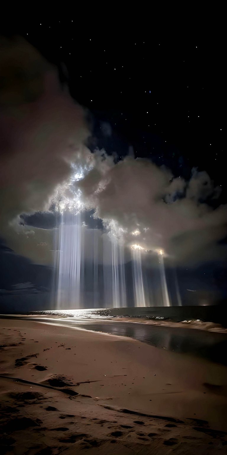 Brighten your mobile screen with this 3D wallpaper showcasing glowing light pillars descending upon a dark beach. This atmospheric wallpaper is optimized for 4K resolution and adds a mystical, aesthetic vibe to any iPhone or smartphone.