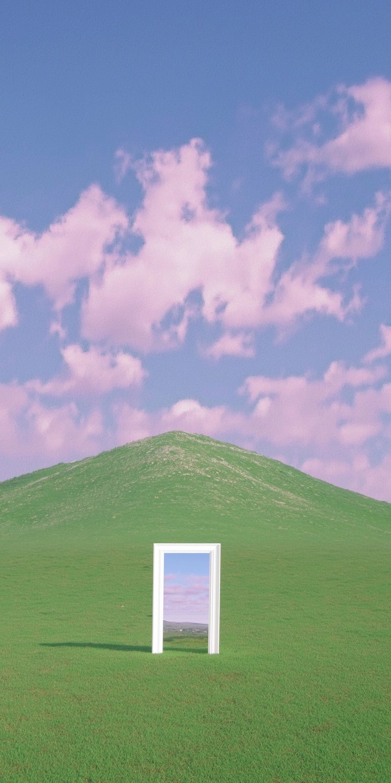 Download this captivating doorway wallpaper in 4K for your iPhone, showcasing a white door amidst a vibrant green field and a pastel pink sky. The doorway offers a glimpse of an alternate sky, making this wallpaper a serene addition to your phone.